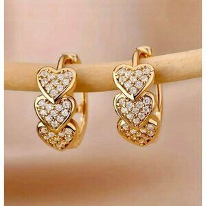 14K Gold Plated Triple Heart Huggie Hoop Earrings Crystal Pave Romantic